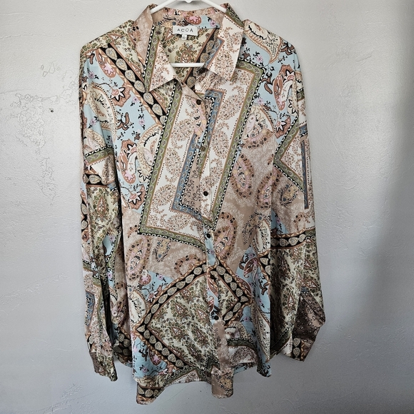 Acoa Women's Large Patchwork Satin Long Sleeve Button Up Blouse Beige Blue Green - Picture 1 of 7